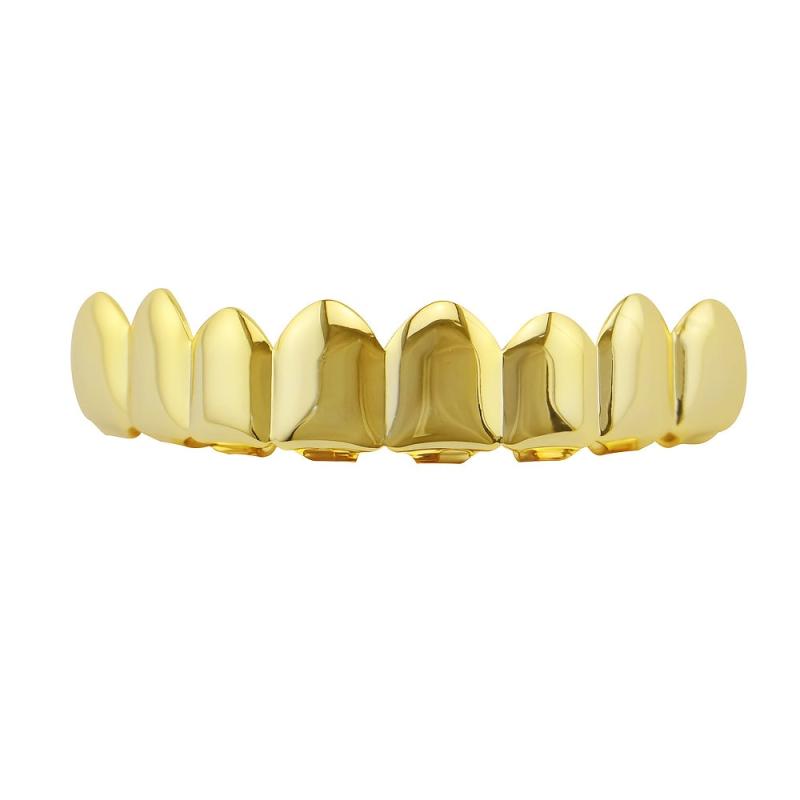 18K Plated Teeth Grillz Bronze Smooth 8 Teeth Upper And Lower Grills Set