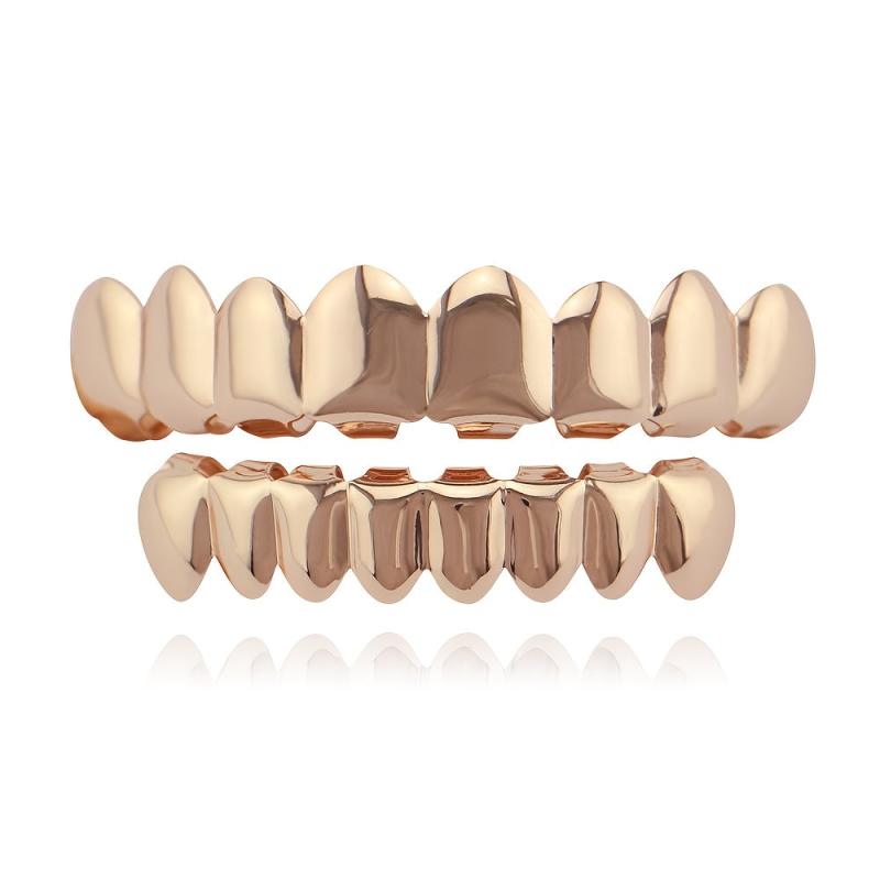 18K Plated Teeth Grillz Bronze Smooth 8 Teeth Upper And Lower Grills Set