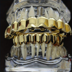 18K Plated Teeth Grillz Bronze Smooth 8 Teeth Upper And Lower Grills Set