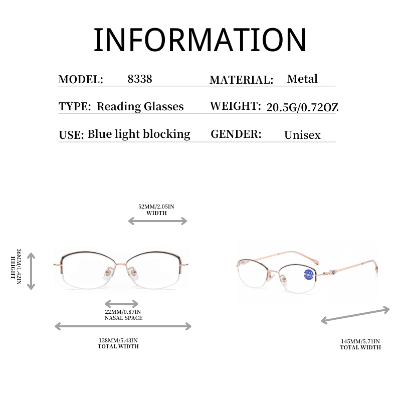 Metal Frame Light Blocking Reading Glasses +1.0 to +4.0