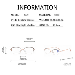 Metal Frame Light Blocking Reading Glasses +1.0 to +4.0