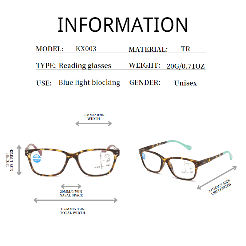Progressive Multifocus Rectangular Reading Glasses Unisex