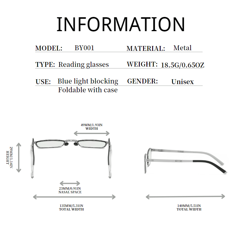 Unisex Light Blocking Eyeglasses Metal Frame & Case Reading Glasses