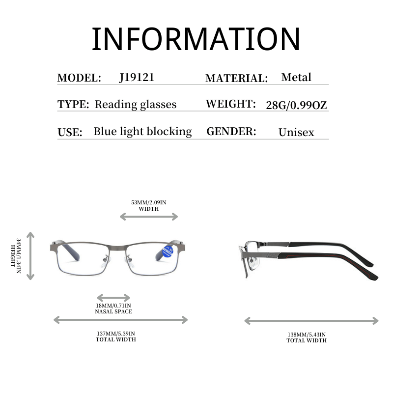 Metal Frame Light Blocking Presbyopia Reading Glasses
