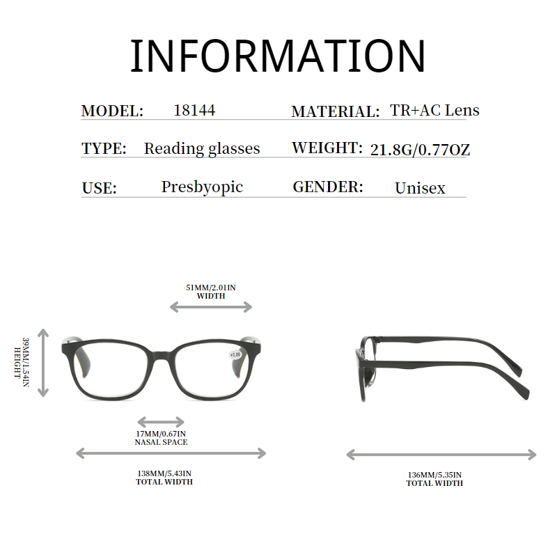 Squared Frame Reading Glasses 1.0-4.0 Unisex Men Women Corrective Eyeglasses