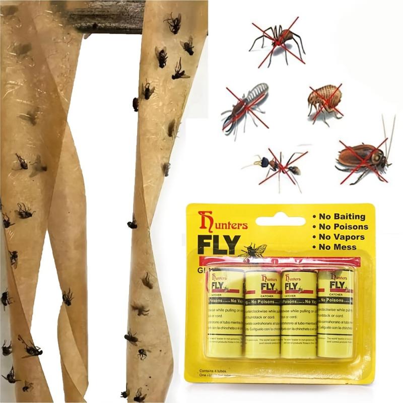4pack Indoor Hanging Fly Traps Ribbon Tape for Pest Control Kitchen Garden