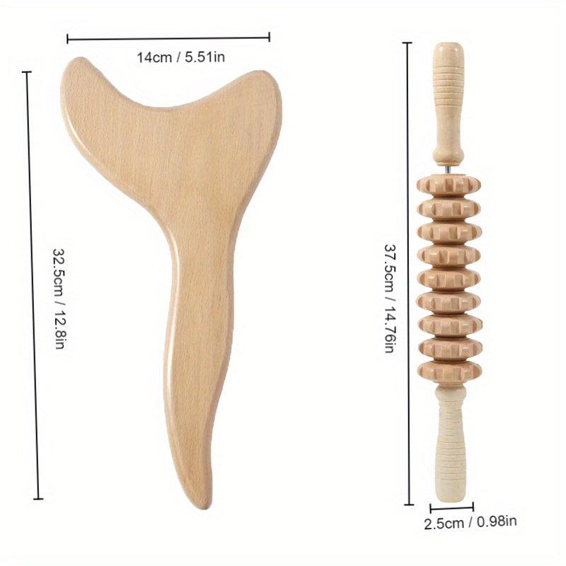 Wooden Gua Sha Scraper & Massage Roller Stick Set