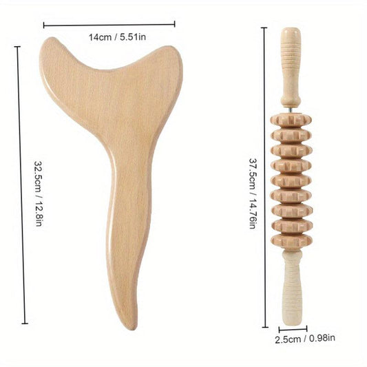 Wooden Gua Sha Scraper & Massage Roller Stick Set