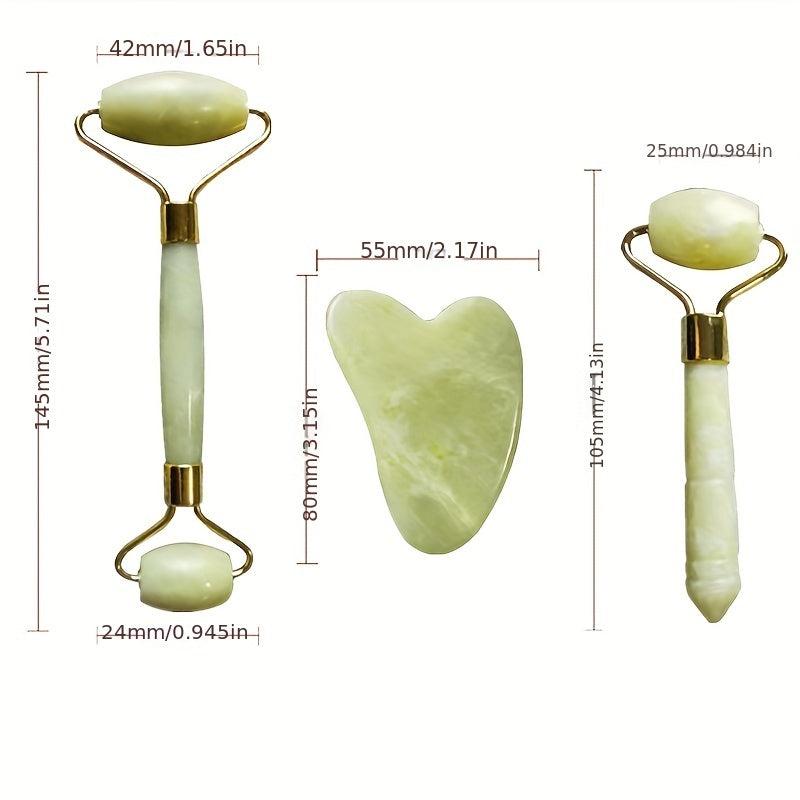 3pcs Natural Jade Face Roller Scraping Set Facial And Neck Massage