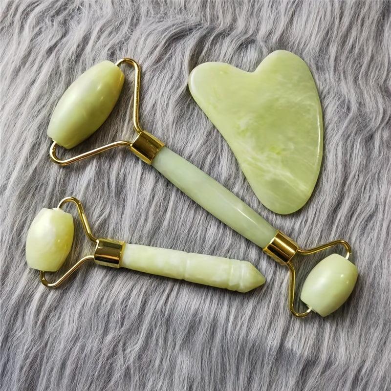3pcs Natural Jade Face Roller Scraping Set Facial And Neck Massage