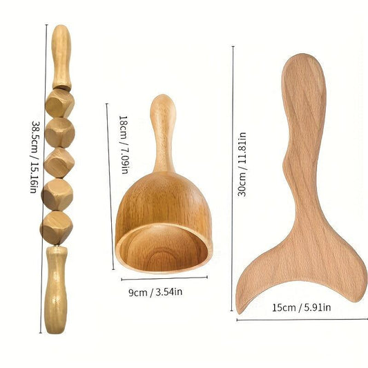 3pcs Wood Massage Tools Kit Handheld Trigger Point Stick Massager