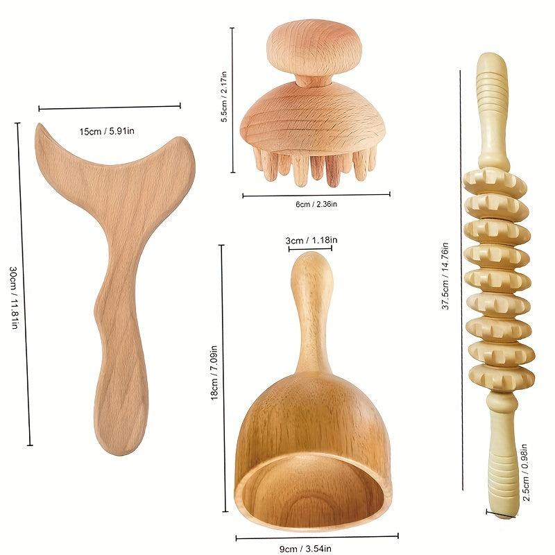4pcs Handheld Wood Roller Massage Tool for Muscle Relief