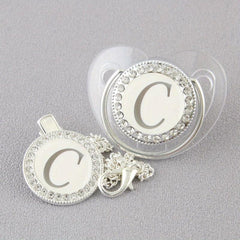 Silver Plated Baby Pacifier with 26 Letters Drill and Chain