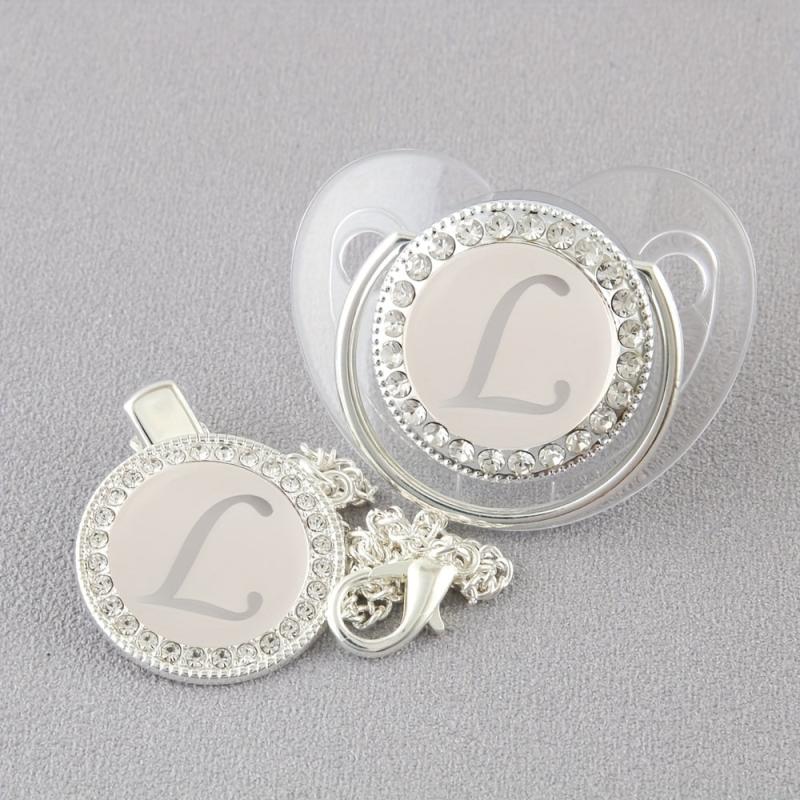 Silver Plated Baby Pacifier with 26 Letters Drill and Chain