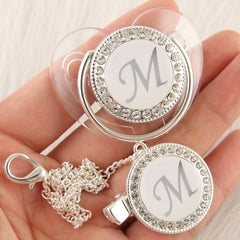 Silver Plated Baby Pacifier with 26 Letters Drill and Chain