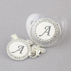 Silver Plated Baby Pacifier with 26 Letters Drill and Chain