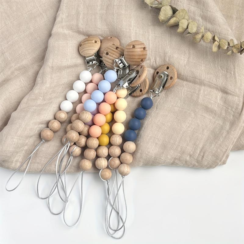 Baby Pacifier Chain Holder Silicone Wooden Beads Anti-drop Clip