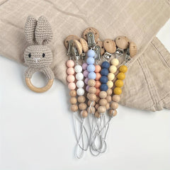 Baby Pacifier Chain Holder Silicone Wooden Beads Anti-drop Clip