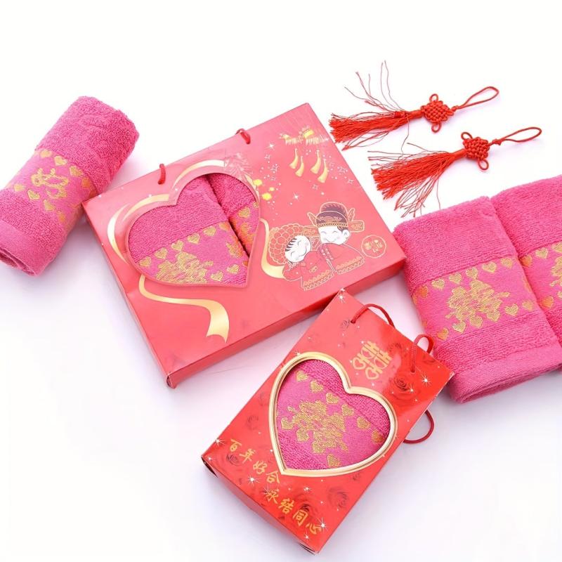 Pure Cotton Jacquard Red Wedding Good Wishes Towel - Absorbent Gift Towel