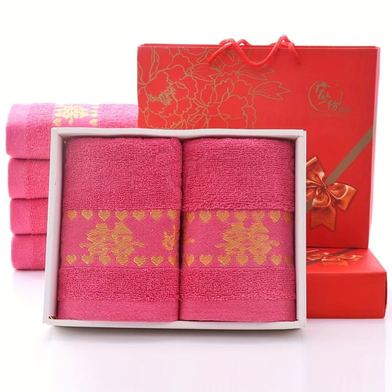 Pure Cotton Jacquard Red Wedding Good Wishes Towel - Absorbent Gift Towel