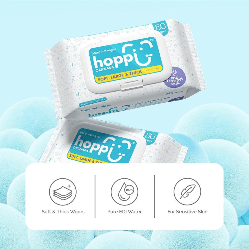 Hoppi Baby Wipes 80ct X 3 Packs Sensitive Skin Water Wipes Unscented Thick 50gsm