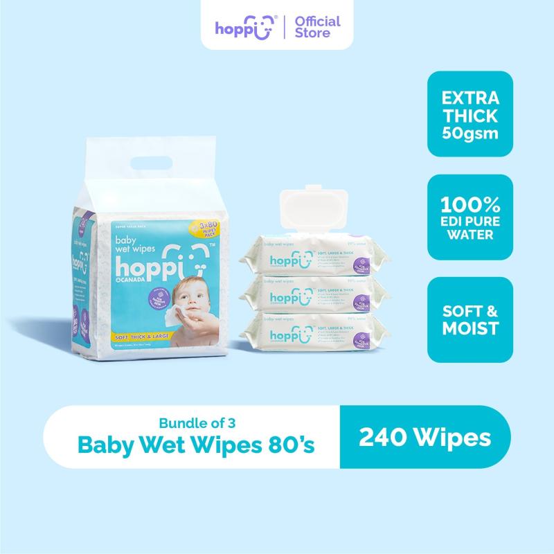 Hoppi Baby Wipes 80ct X 3 Packs Sensitive Skin Water Wipes Unscented Thick 50gsm