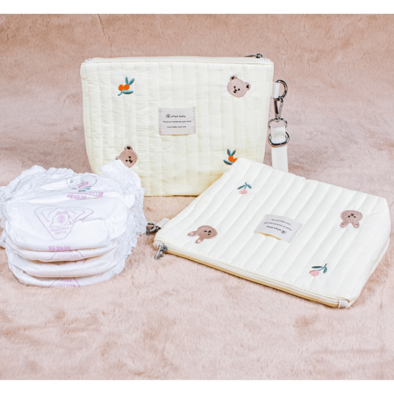 Portable Quilted Stroller Nappy Bags Organizer Olive Bear Embroidery
