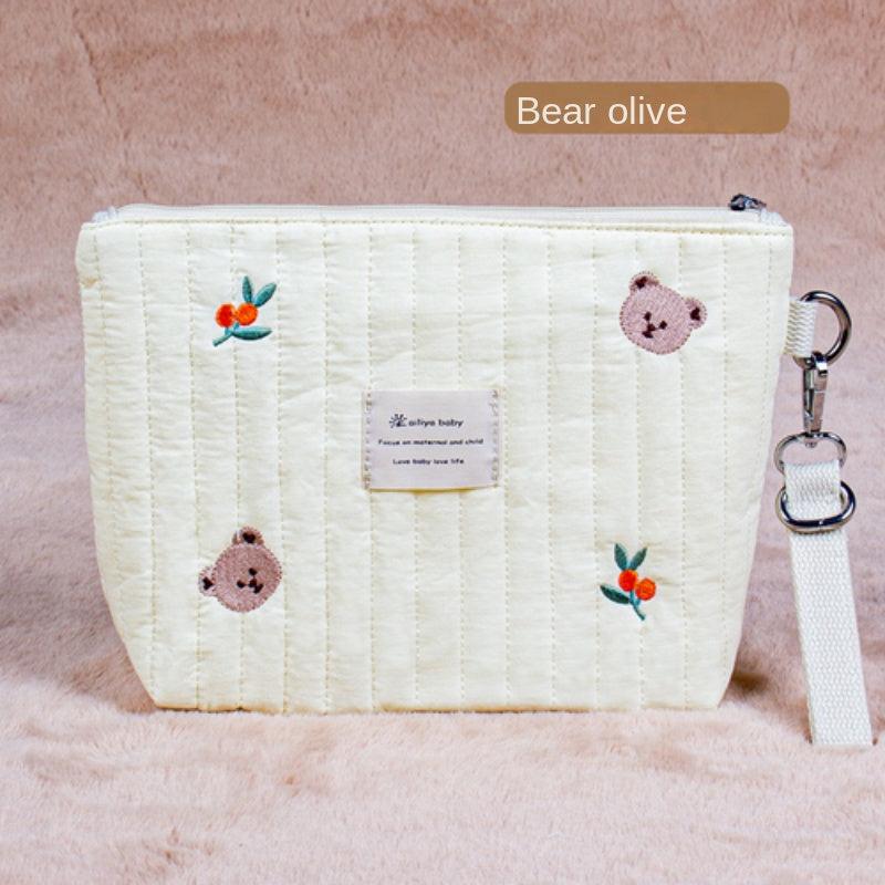 Portable Quilted Stroller Nappy Bags Organizer Olive Bear Embroidery