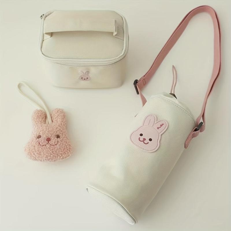 Bear Embroidery Canvas Water Bottle Bag Set for Kids