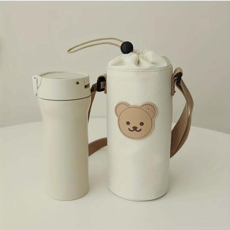 Bear Embroidery Canvas Water Bottle Bag Set for Kids