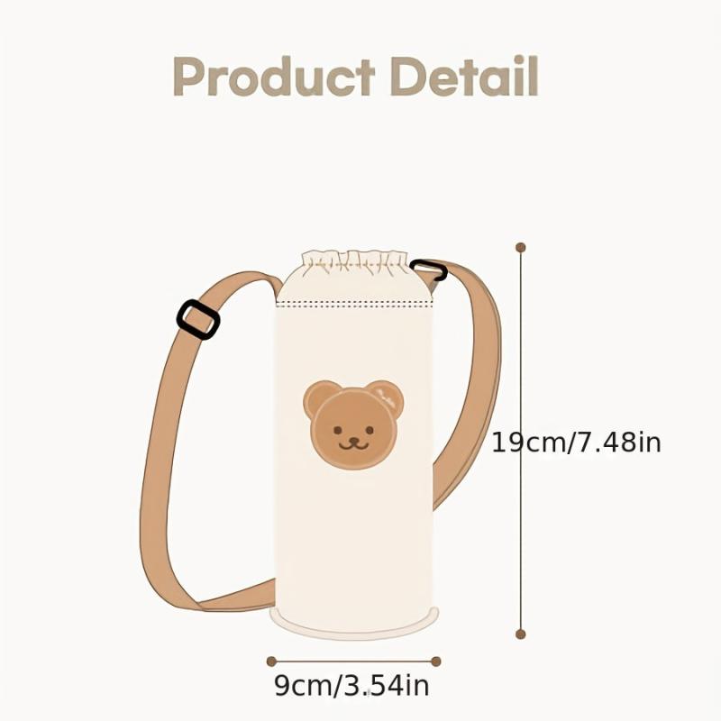 Bear Embroidery Canvas Water Bottle Bag Set for Kids