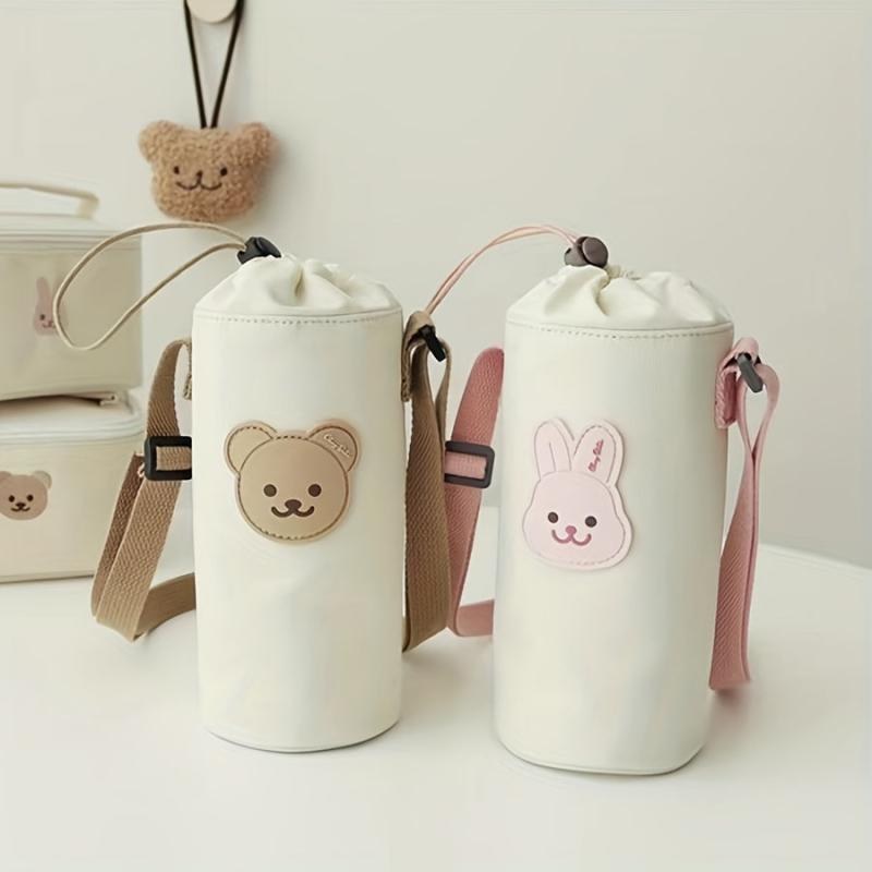 Bear Embroidery Canvas Water Bottle Bag Set for Kids