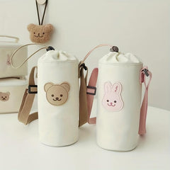 Bear Embroidery Canvas Water Bottle Bag Set for Kids