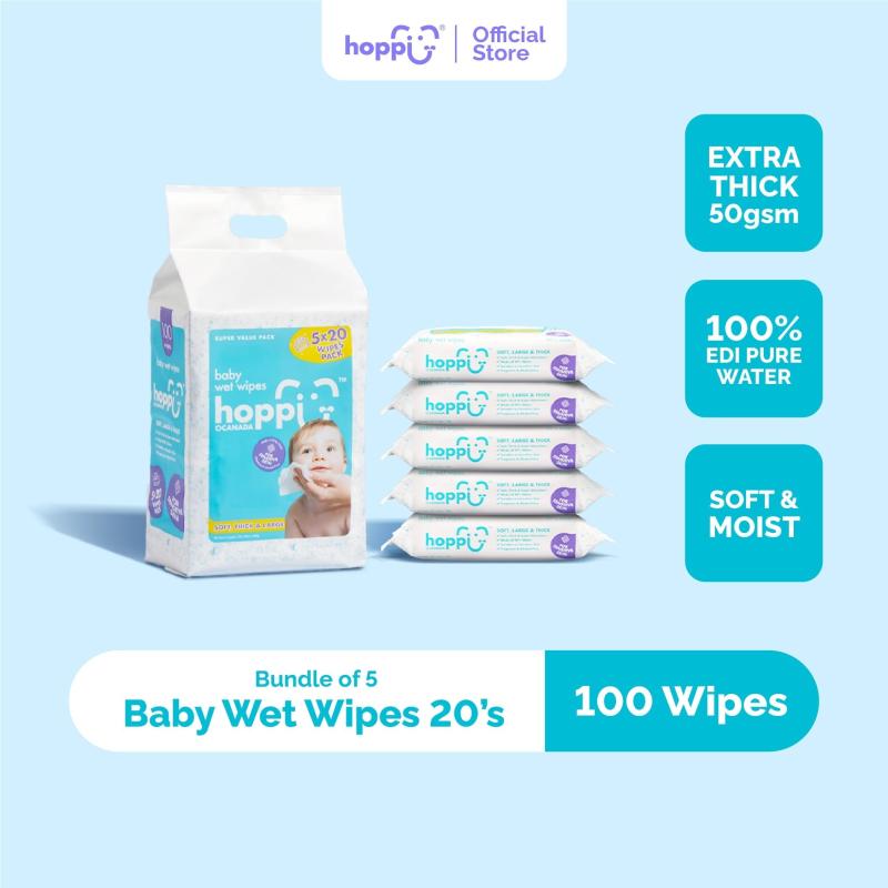 Hoppi Baby Wipes 20 Wipes X 5 Packs Sensitive Skin Unscented Water Wipes