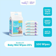 Hoppi Baby Wipes 20 Wipes X 5 Packs Sensitive Skin Unscented Water Wipes
