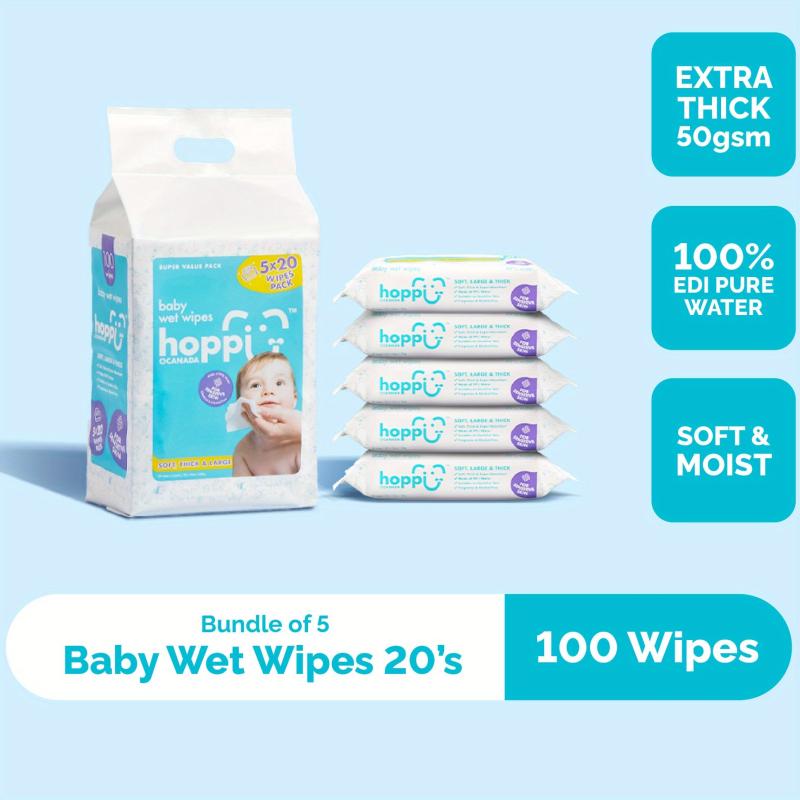 Hoppi Baby Wipes 20 Wipes X 5 Packs Sensitive Skin Unscented Water Wipes