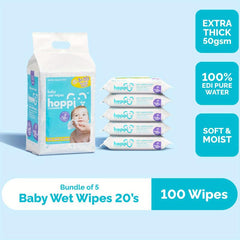 Hoppi Baby Wipes 20 Wipes X 5 Packs Sensitive Skin Unscented Water Wipes
