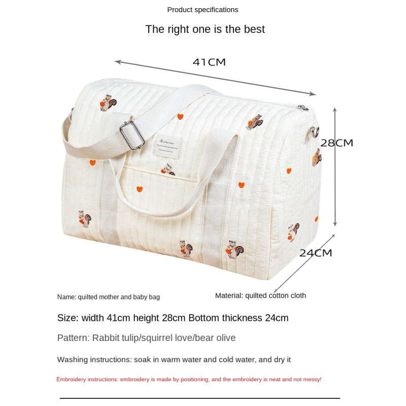 Bear Baby Beige Cotton Fabric Zipper Diaper Bag Embroidery Pattern