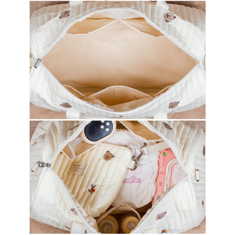 Bear Baby Beige Cotton Fabric Zipper Diaper Bag Embroidery Pattern