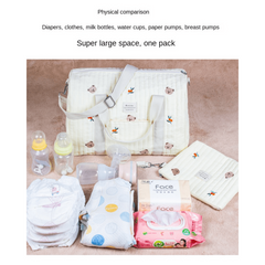 Bear Baby Beige Cotton Fabric Zipper Diaper Bag Embroidery Pattern