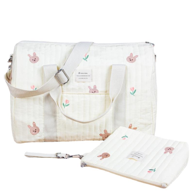 Bear Baby Beige Cotton Fabric Zipper Diaper Bag Embroidery Pattern