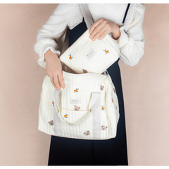 Bear Baby Beige Cotton Fabric Zipper Diaper Bag Embroidery Pattern
