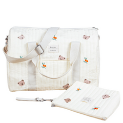 Bear Baby Beige Cotton Fabric Zipper Diaper Bag Embroidery Pattern