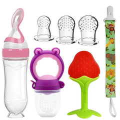 7 Pcs Teether Baby Feeding Set Silicone Spoon Bottle Squeeze Food Dispensing