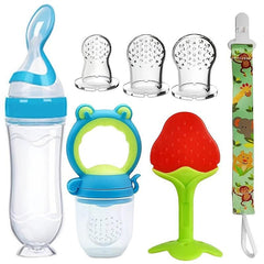 7 Pcs Teether Baby Feeding Set Silicone Spoon Bottle Squeeze Food Dispensing