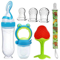 7 Pcs Teether Baby Feeding Set Silicone Spoon Bottle Squeeze Food Dispensing