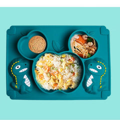 Dino Silicone Dinner Plate Set with Suction Cup, Fork, Spoon