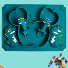 Dino Silicone Dinner Plate Set with Suction Cup, Fork, Spoon