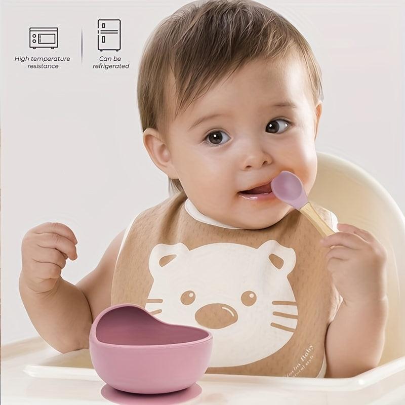 Silicone Baby Feeding Bowl Set with Wooden Spoon