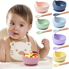 Silicone Baby Feeding Bowl Set with Wooden Spoon
